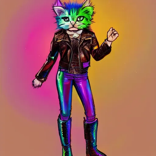 Image similar to wide angle full body, jacket wearing fluffy cute rainbow kitten wearing a black leather motorcycle jacket, cinematic concept art