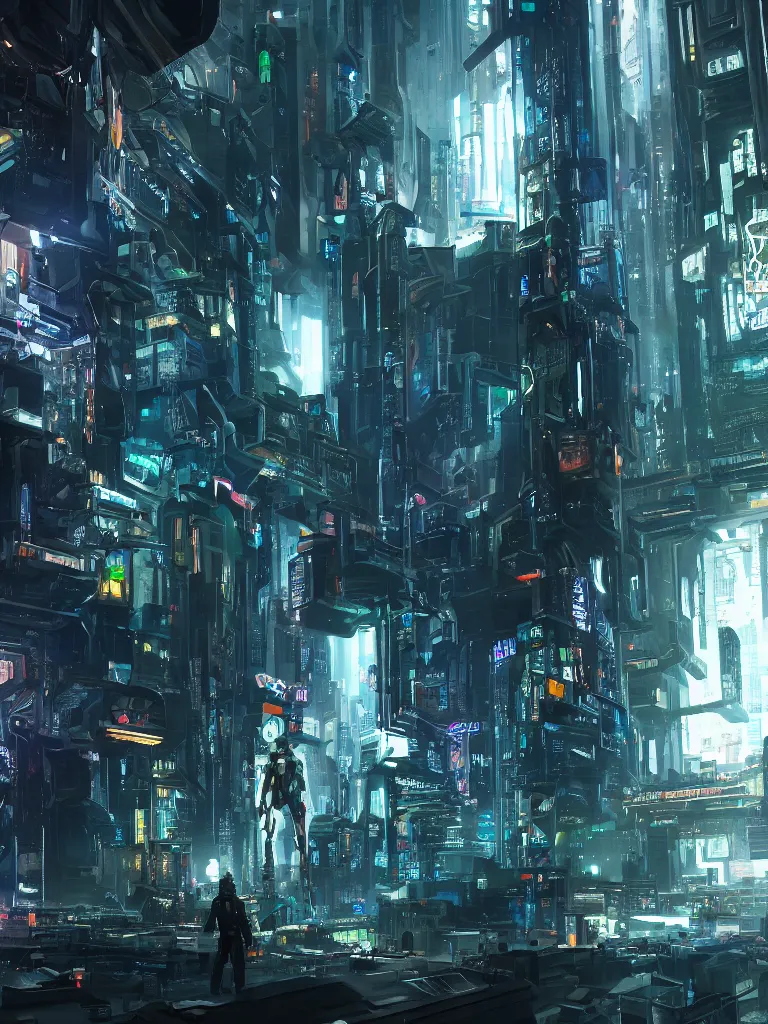 Image similar to portrait of a cyborg, standing in a hall of cyberpunk megacomplex; hyperrealistic, 4K wallpaper, cinematic lighting, highly detailed and beautiful