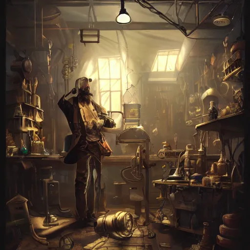 Image similar to a crazy artificer working in his haphazard steampunk workshop, light rays, artstation