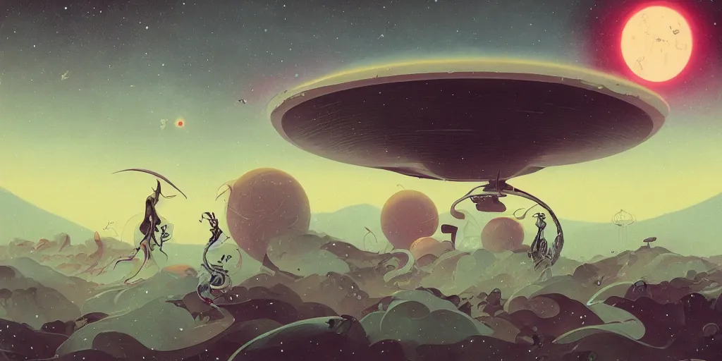 Prompt: unpublished photo of ufo, by victo ngai & peter mohrbacher