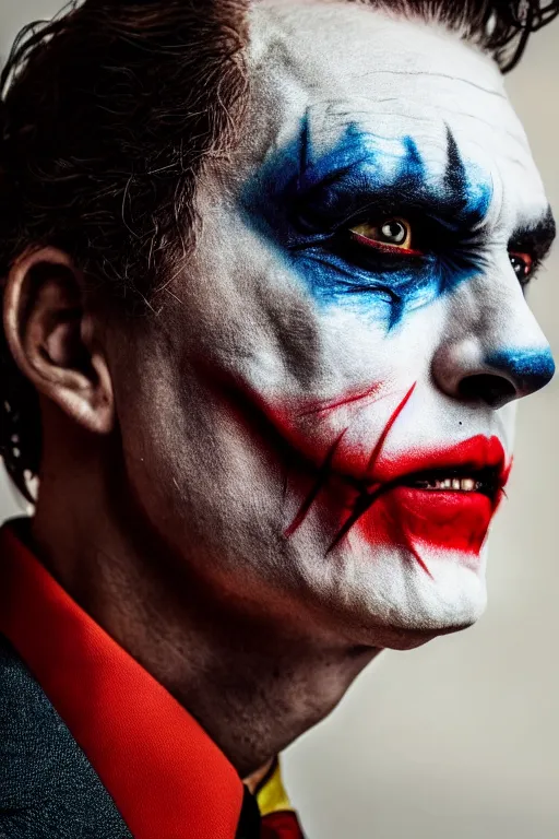 Image similar to a front profile shot of a man wearing the joker makeup 8k, hyperrealism, cinematic lighting