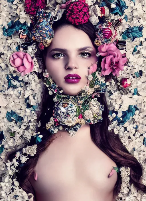 Image similar to full body environmental portrait photo of a young and beautiful female model, ornate headpiece made from flowers, ornaments, glamour shot by gemmy woud - binnendijk, chris knight, photorealistic, canon r 3, fashion photography, ornate, symmetrical features, octane render, unreal engine, solid dark background, clamp shell lighting, rim lighting