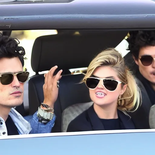 Prompt: kate upton and john mayer are sitting in a convertible driving around while a hip - hop group is playing.