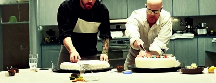 Image similar to photo of heisenberg and jesse pinkman from breaking bad cooking a cake, ultra detailed, epic, movie frame, cinematic composition, kitchen, breaking bad scene