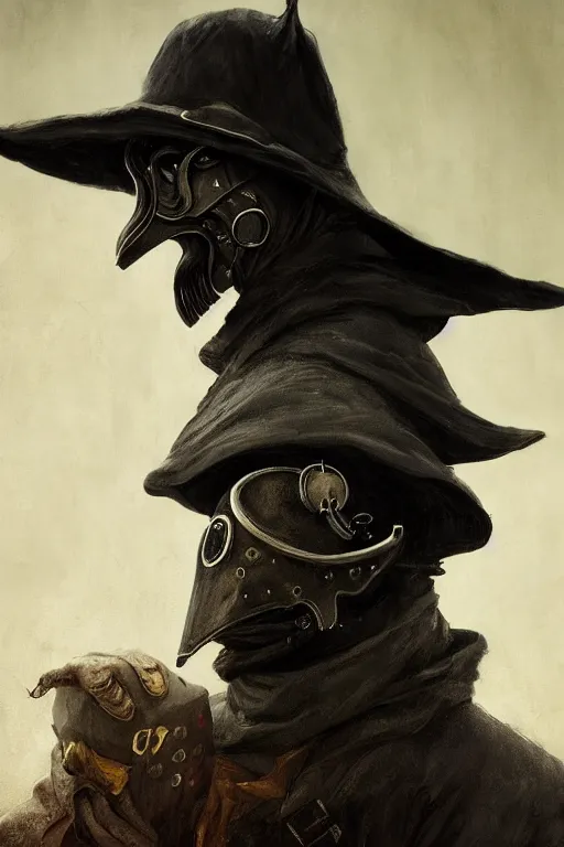 Image similar to A fancy portrait of a 1300's Plague Doctor by Greg Rutkowski, Sung Choi, Mitchell Mohrhauser, Maciej Kuciara, Johnson Ting, Maxim Verehin, Peter Konig, Bloodborne, 8k photorealistic, cinematic lighting, HD, high details, dramatic, dark atmosphere, trending on artstation