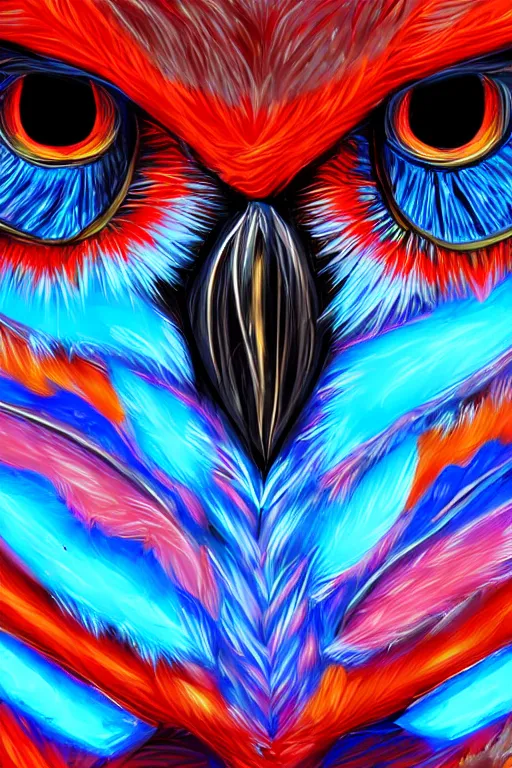 Image similar to glowing owl, blue and red colours, highly detailed, digital art, sharp focus, trending on art station