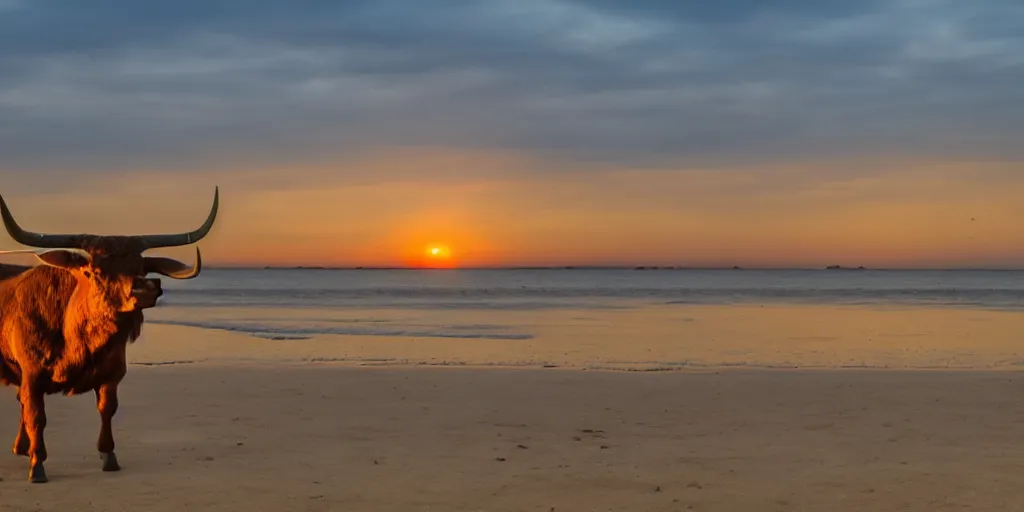 Prompt: Minotaur on a beach at sunset