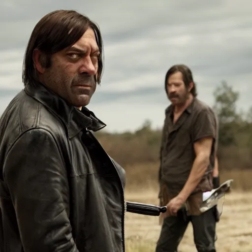 Image similar to cinematic still from the walking dead tv show with negan played by anton chigurh, smirking and holding lucile, dark