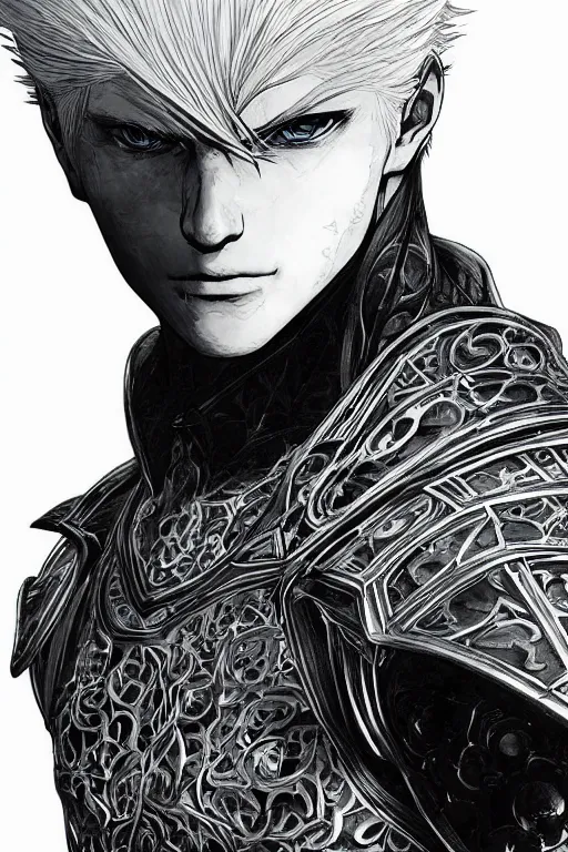 Prompt: Anime portrait of Vergil from DMC, pen and ink, intricate line drawings, by Craig Mullins, Ruan Jia, Kentaro Miura, Artgerm