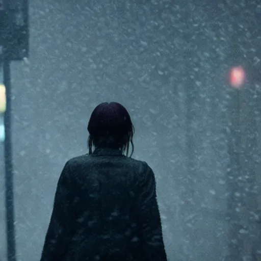 Image similar to a girl walking in a rainy city, still from bladerunner 2049, cinematic