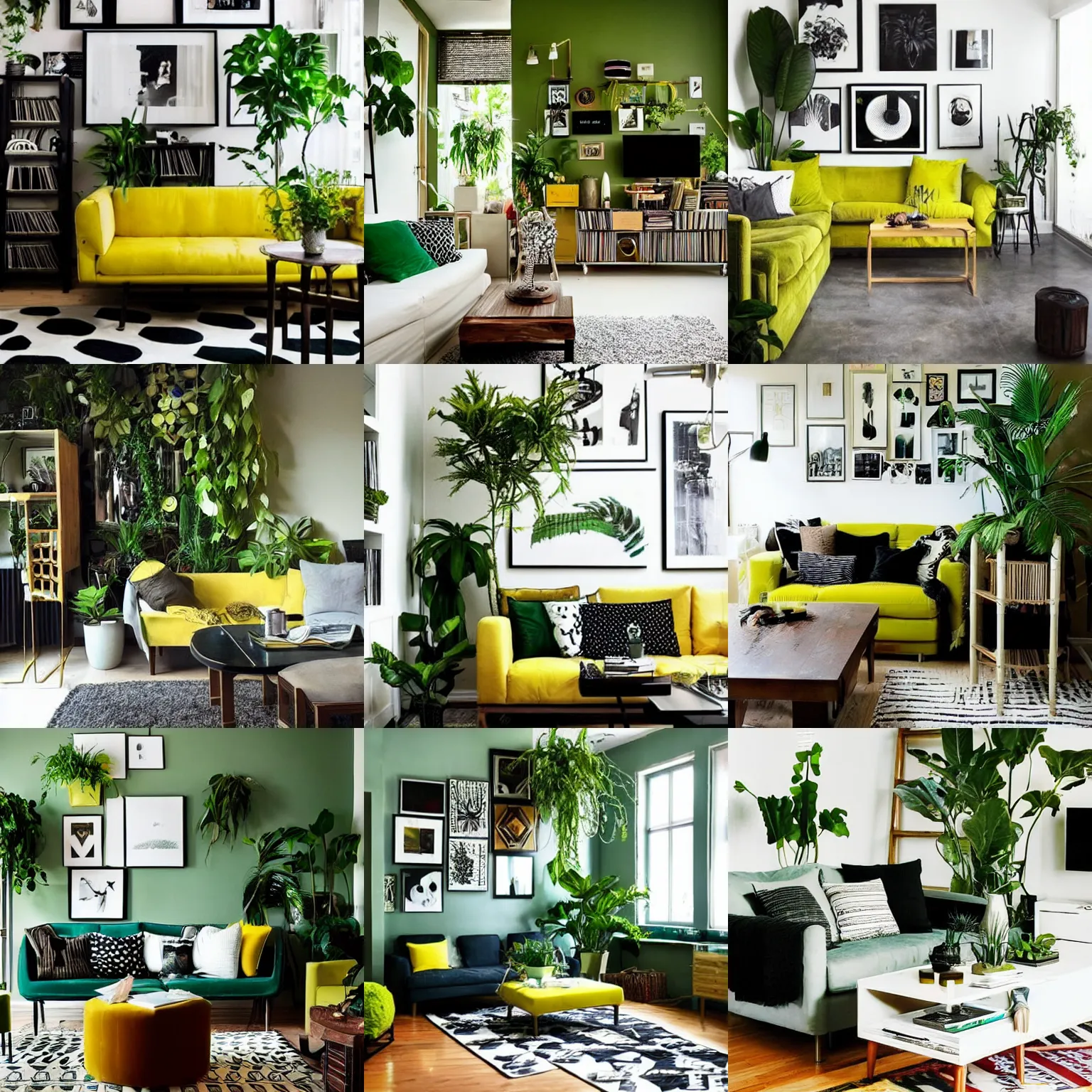 Prompt: living room interior design with style of japandi, ikea, warm wood, urban jungle plants, dark tile floor, art wall, music instruments, music records, pale green and hints of light warm yellow