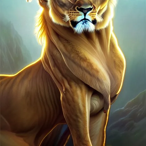 Image similar to majestic lioness queen as a beautiful woman. d & d, portrait, highly detailed, digital painting, trending on artstation, intricate details, energetic mood, golden ratio composition, concept art, sharp focus, illustration, art by artgerm and greg rutkowski and alphonse mucha and magali villeneuve, 8 k, 4 k,