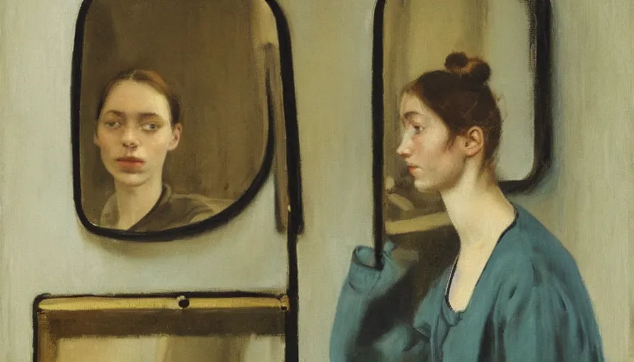 Prompt: painting by borremans, young woman in front of the mirror, detailed, stunning