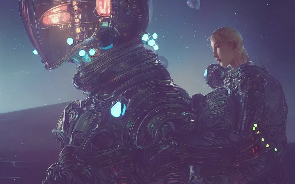 Prompt: armored astronaut girl catched an human structure alien at ufo, ssci-fi, neon light and fantasy, intricate and very very beautiful and elegant, highly detailed, digital painting, artstation, concept art, smooth and sharp focus, illustration, art by tian zi and WLOP and alphonse mucha