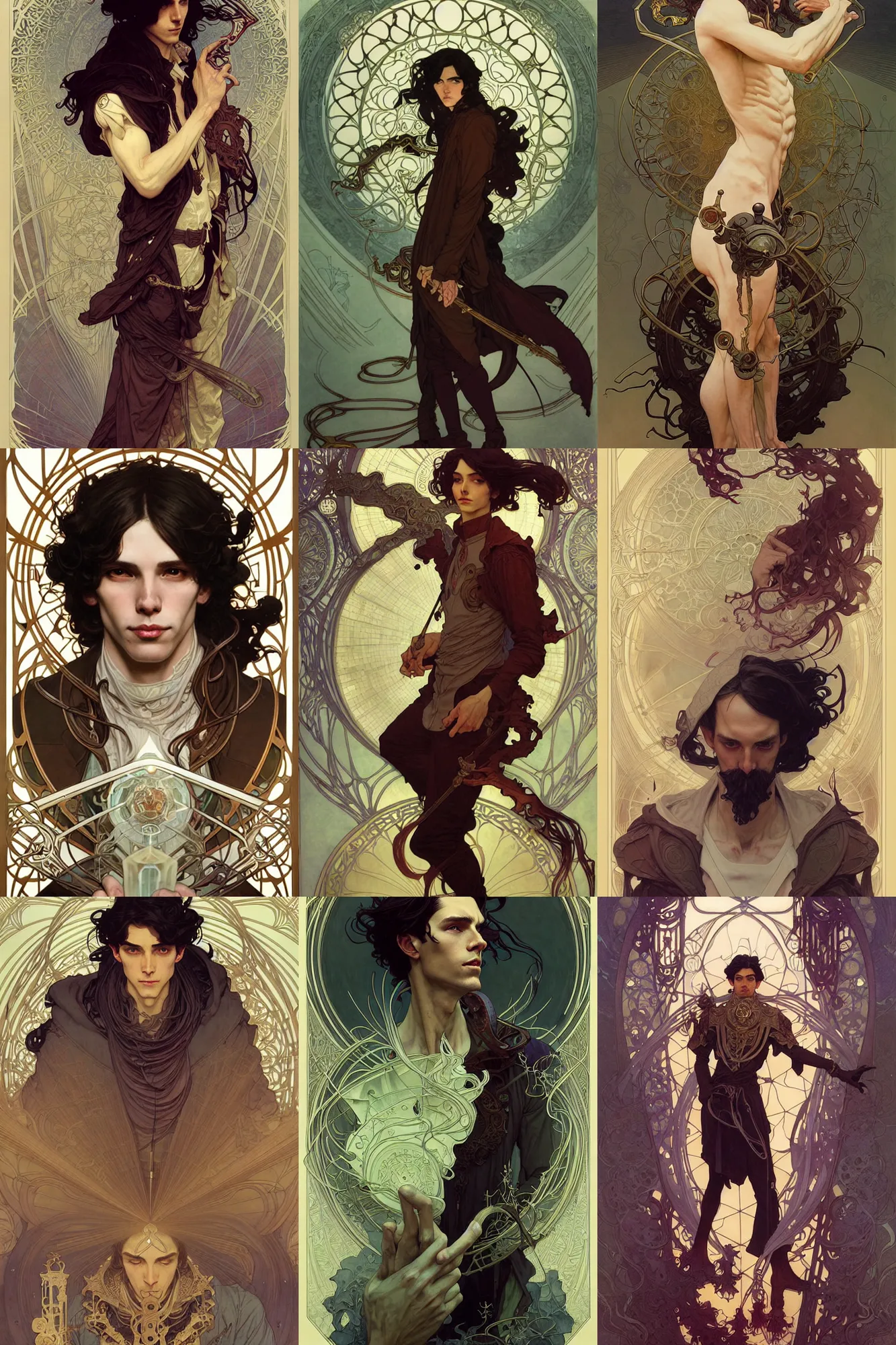 Prompt: thin young male alchemist, long dark hair, art nouveau, fantasy, highly detailed, intricate, smooth, art by joseph leyendecker, peter mohrbacher, ruan jia, marc simonetti, ayami kojima, cedric peyravernay, alphonse mucha, victo ngai