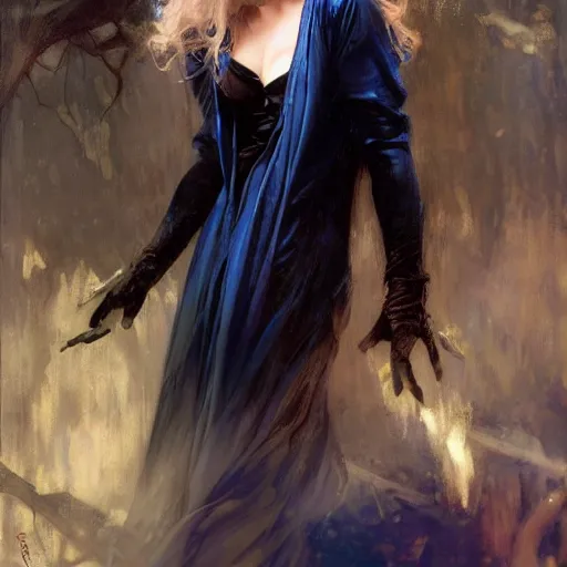 Image similar to detailed cinematic wide shot of beautiful attractive blonde vampire woman black clothes slim face symettrical face clean skin blue eyes black robe smooth, sharp focus, ultra realistic, spring light, painting by gaston bussiere, craig mullins, j. c. leyendecker