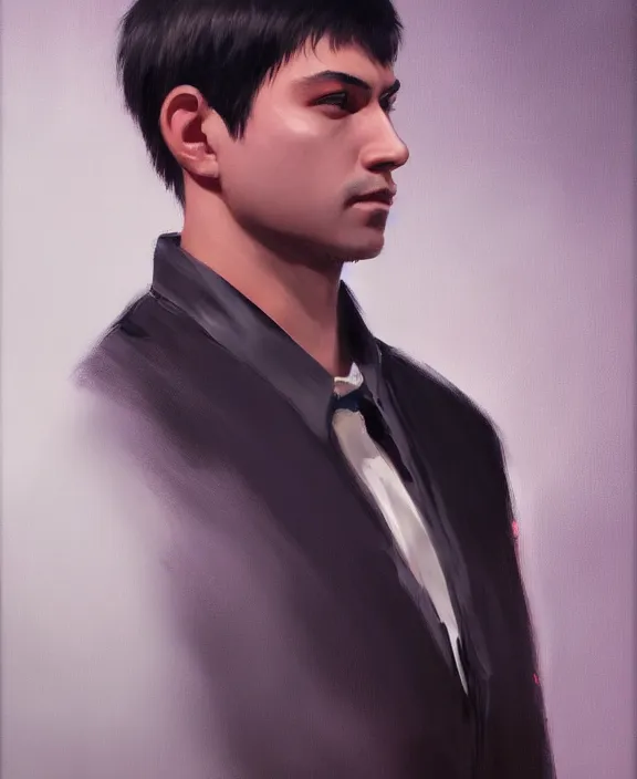 Prompt: an ultradetailed beautiful portrait painting of a man as a nightclub bouncer, side view, oil painting, high resolution, by ilya kuvshinov, greg rutkowski and makoto shinkai