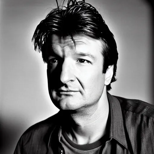 Image similar to photo of Nathan Fillion by Diane Arbus, black and white, high contrast, Rolleiflex, 55mm f/4 lens