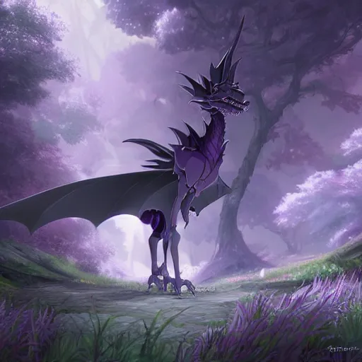 Prompt: concept art painting of an anthropomorphic purple gray anime dragon, in the deep forest, realistic, detailed, cel shaded, in the style of makoto shinkai and greg rutkowski and james gurney