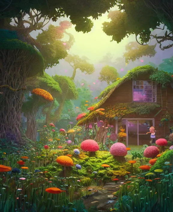 Image similar to a simple, whimsical school made from flowers, overgrown with huge exotic fungus, deep in the woods, cheerful, dramatic lighting, partly cloudy, by dan mumford, yusuke murata, makoto shinkai, ross tran, dreamy, cinematic, unreal engine, cel shaded, featured on artstation, pixiv