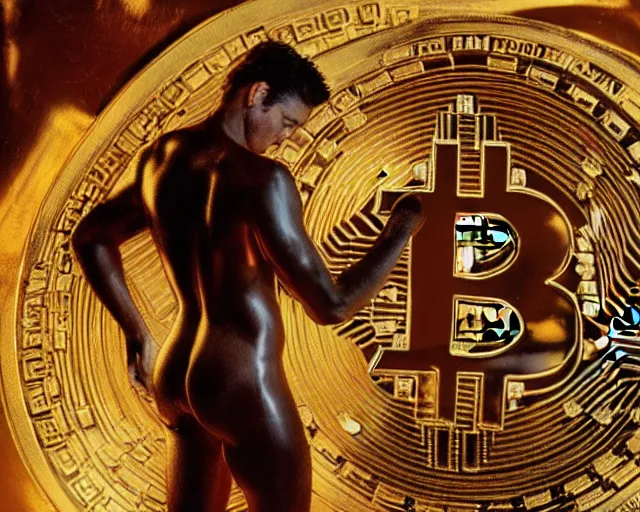 Image similar to attractive oiled up glossy man posing in front of a huge golden bitcoin, angelic light, commercial by annie liebovitz, gaston bussiere, craig mullins, j. c. leyendecker, photorealistic, trending artstation, 8 k