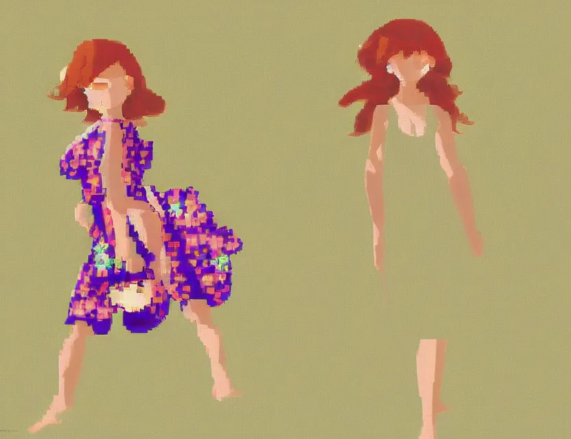 Prompt: girl wearing a floral dress at the beach. pixel art, limited palette, by award - winning mangaka, backlighting.