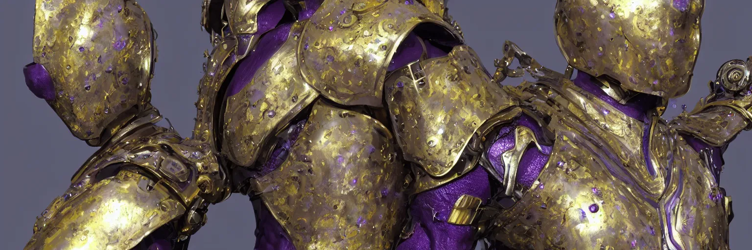 Prompt: Hyper realistic portrait of exquisite futuristic armor set with embellished titanium and gold, purple haze, Cinematic lighting, ultra super good realistic 3D render by Gerald Brom and James Jean, Trending on Artstation, I can't believe how detailed this is, 8k, post processing, sharp focus.