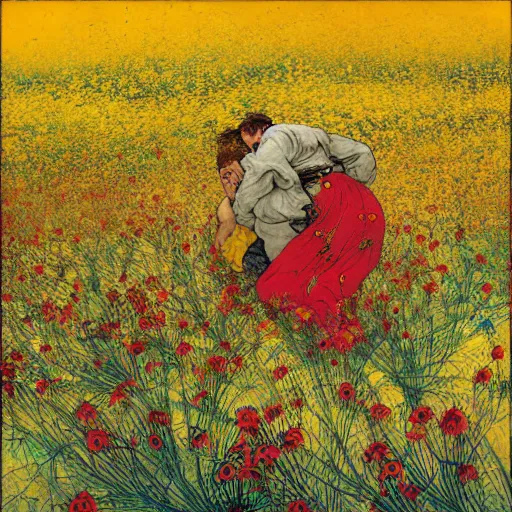 Image similar to 2 people in red desert drowning in a sea of yellow flowers, surrounded by swirls of prickly flowers rage , highly detailed, intricate, surreal, painting by Franz Marc, part by Yoji Shinkawa, part by Norman Rockwell