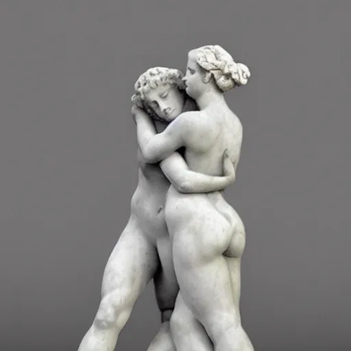 Image similar to sculpture of venus de milo and aphrodite hugging each other, hyperrealistic style in carrara marble