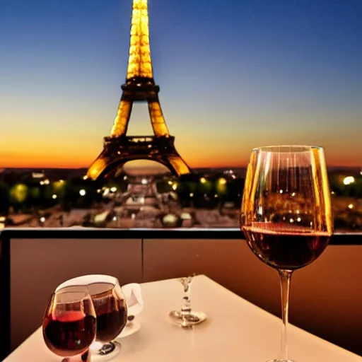 Image similar to a rabbit drinking wine in a cafe in Paris, the eiffel tower is visible in the background, it is night time, there are two humans sitting behind the rabbit