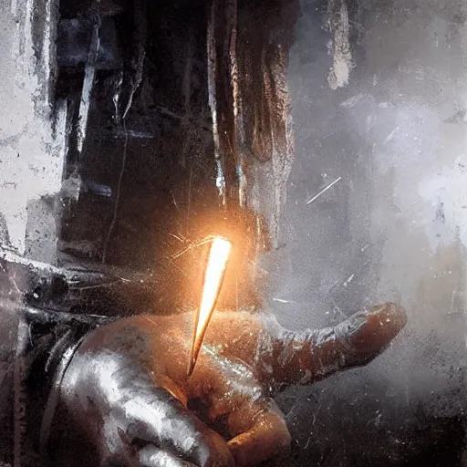 Prompt: knight holds lightning in his hand sparks everywhere, realistic, ultrahd, jeremy mann painting