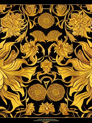 Image similar to golden lotus flowers on dark background, ornamental, symmetry, color harmony, golden ratio, william morris, hokusai, trending on artstation, character design, detailed, intricate, hypermaximalist, elegant, ornate, luxury, elite, atmospheric, matte painting, wide shot, two heads