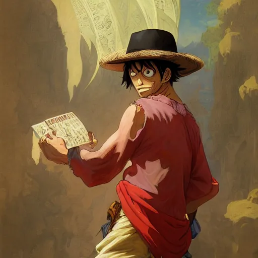 Image similar to Monkey D. Luffy as a renaissance artist, amazing, intricate, highly detailed, digital painting, artstation, concept art, sharp focus, illustration, in the style of greg rutkowski and alphonse mucha