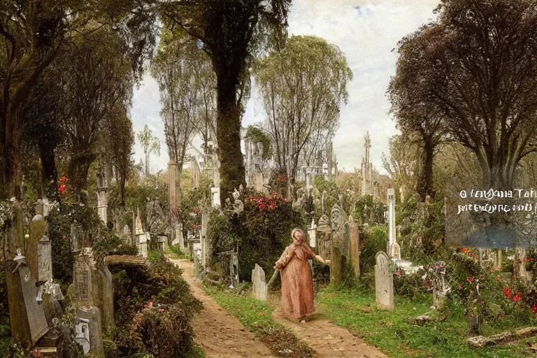Prompt: a giant knight in armour and a slim woman wearing victorian dress walk through a cemetery on a path by a church in manchester england, overgrown, weeds and ivy on the graves, an old twisted tree, a tall stone wall, lawrence alma-tadema-H 1024