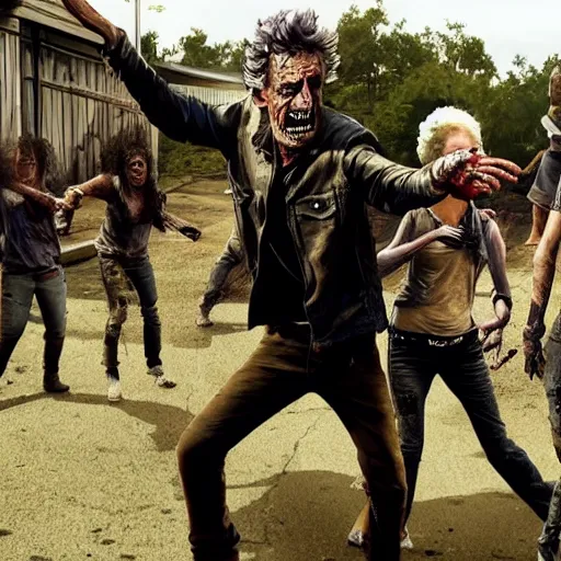 Prompt: rick sanchez fighting walkers in the walking dead