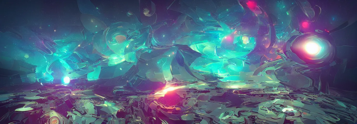 Image similar to an awe - inspiring digital art painting a mind - exploding into the cosmos, mashup digital art in the styles of beeple and jean giraud, conceptual, abstract geometrical shapes, masterful, rendered in unreal engine, lens flare, bokeh