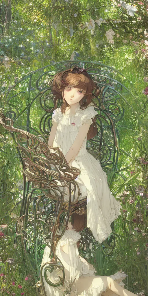 Image similar to a digital art of a loli with long hair in a dress sitting on a metal garden chair in the privet garden at afternoon, green and warm theme, back lighting, by mucha and akihito yoshida and greg rutkowski and makoto shinkai, extremely long shot, detailed eyes, 4 k resolution, trending on art station