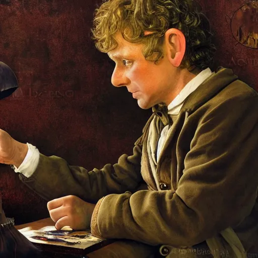 Prompt: bilbo baggins gets on myspace, realistic oil painting, style of norman rockwell, 8 k, super sharp, ultra detail, rule of thirds.