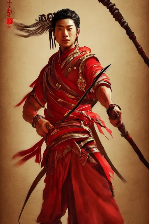 Prompt: a masterpiece portrait of nezha, red cloth around his shoulders, hold spear, cinematic, fantasy character portrait, highly detailed, by ne zha ( 2 0 1 9 ), fenghua zhong,