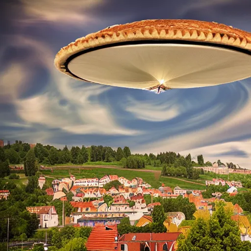 Prompt: UFO shaped like a pie invading a small town in europe