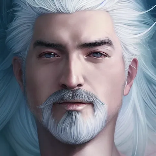 Image similar to white haired robe fu xi full male body portrait, very long white beard and hair, fine delicate prefect face features gaze, aerith gainsborough, elegant, smooth, sharp focus, masterpiece, style of tom bagshaw, cedric peyravernay, peter mohrbacher, victo ngai, pinterest, 4 k hd illustrative wallpaper, animation style, chinese style