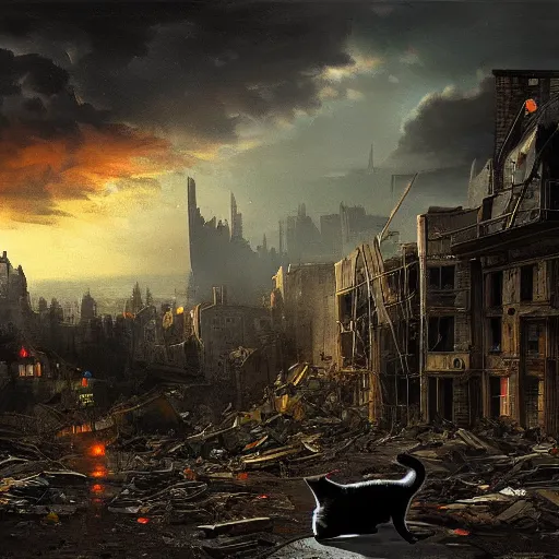 Image similar to a black cat looking at a destroyed city, by karcz, michal