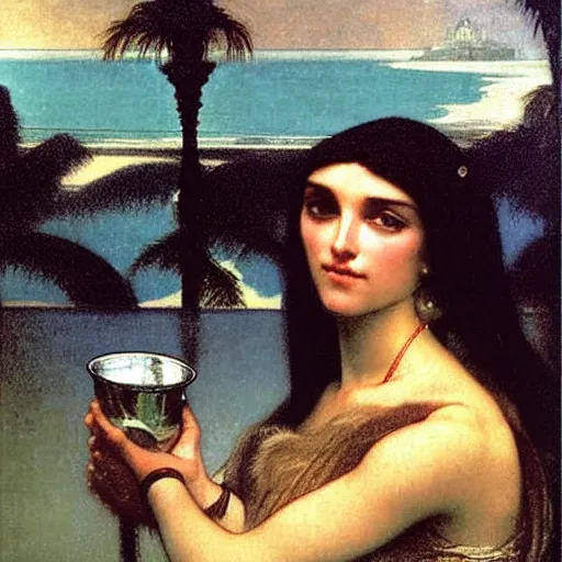 Prompt: Girl with a elixir chalice at the palace, thunderstorm, pool, beach and palm trees on the background major arcana sky, by paul delaroche, alphonse mucha and arnold böcklin arnold böcklin hyperrealistic 8k, very detailed