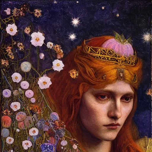 Prompt: queen of the moon with stars in her hair, by annie swynnerton and tino rodriguez and nicholas roerich and lucien freud and jean delville and donato giancola, dramatic lighting, floral tattoos, rich colors, smooth sharp focus, extremely detailed, adolf wolfli