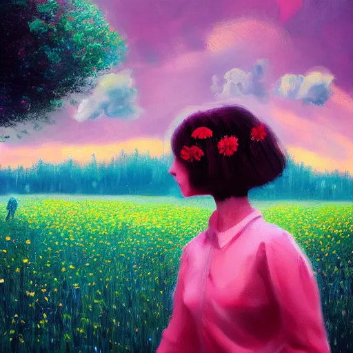 Prompt: girl with a scaled up flower as a face, surreal photography, dream, standing in flower field, hills, big trees, sunrise dramatic light, impressionist painting, colorful clouds, digital painting, pointillism, artstation, simon stalenhag, flower face