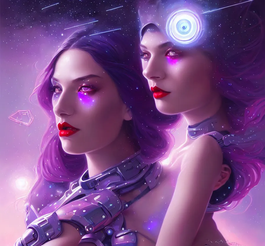 Image similar to beautiful cyber female with purple mechanic eyes and red lips, face, sci - fi, metal skinn, constellation geometry space mandal background, breathtaking stars, elegant, highly detailed, digital painting, artstation, concept art, smooth, sharp focus, spiritual art, art by artgerm and greg rutkowski and alphonse mucha, psychedelic, illustration, painting oil,