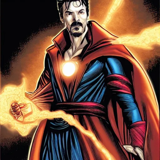 Image similar to Portrait of doctor strange in Iron man's armor, graphic novel, art by Ardian Syaf