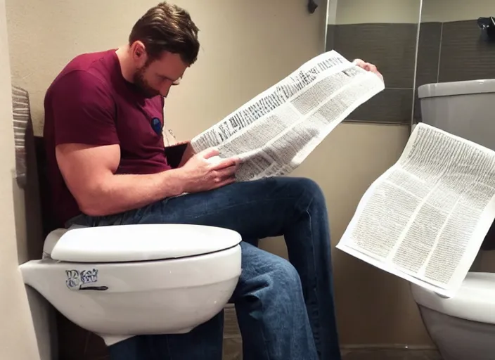 Prompt: chris long reading a newspaper on a toilet