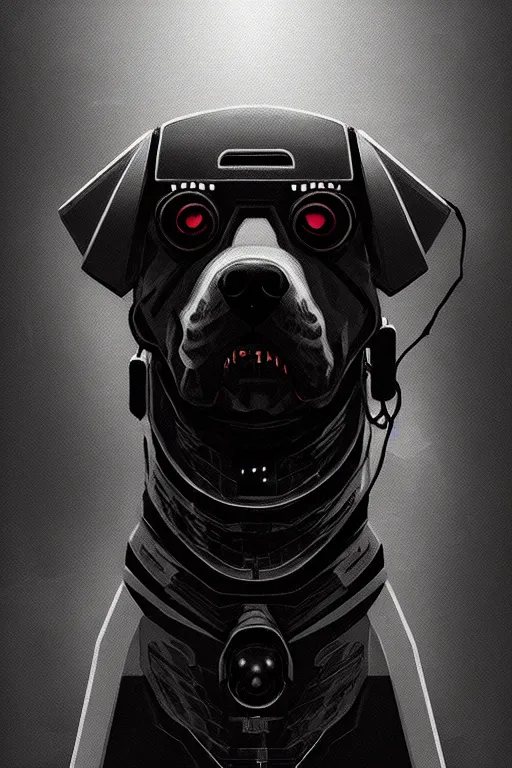 Prompt: a portrait of cyberpunk dog, grim - lighting, high - contrast, intricate, elegant, highly detailed, digital painting, artstation, concept art, smooth, sharp focus, illustration