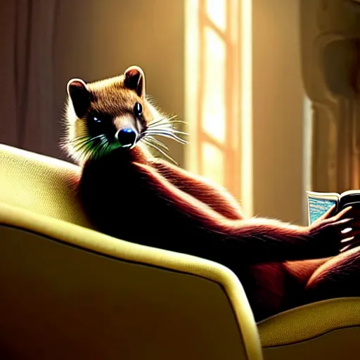 Image similar to An incredibly beautiful scene from a 2022 Marvel film featuring a humanoid pine marten reading on a couch. An anthropomorphic pine marten wearing a loose white shirt. 8K UHD.